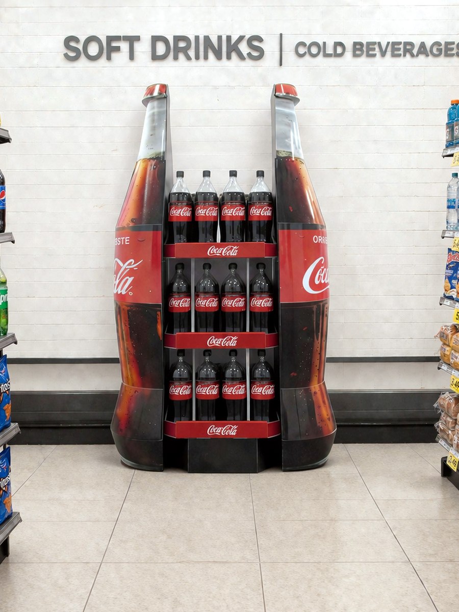 Coca-Cola bottle-shaped shelf display in a supermarket aisle