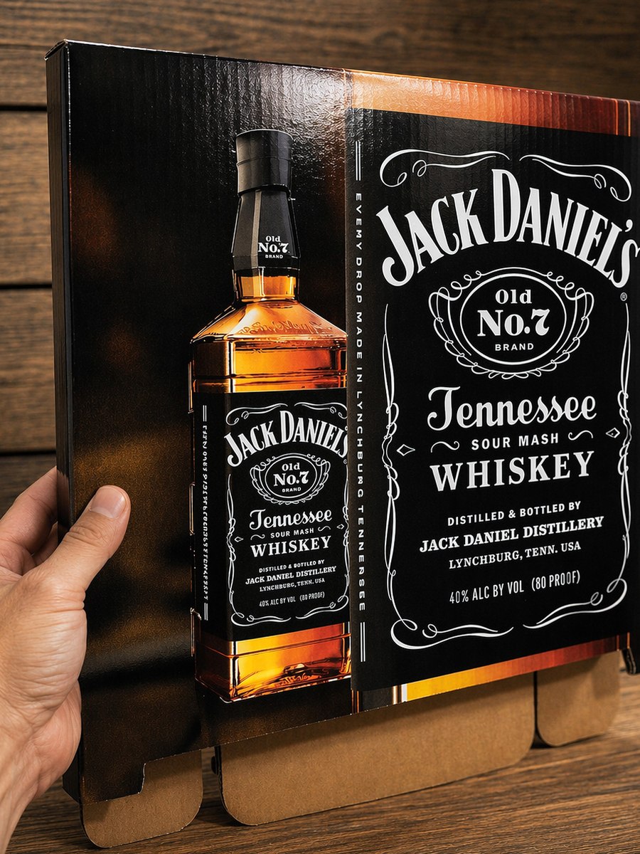 Flat-pack Jack Daniel's display held in one hand before assembly