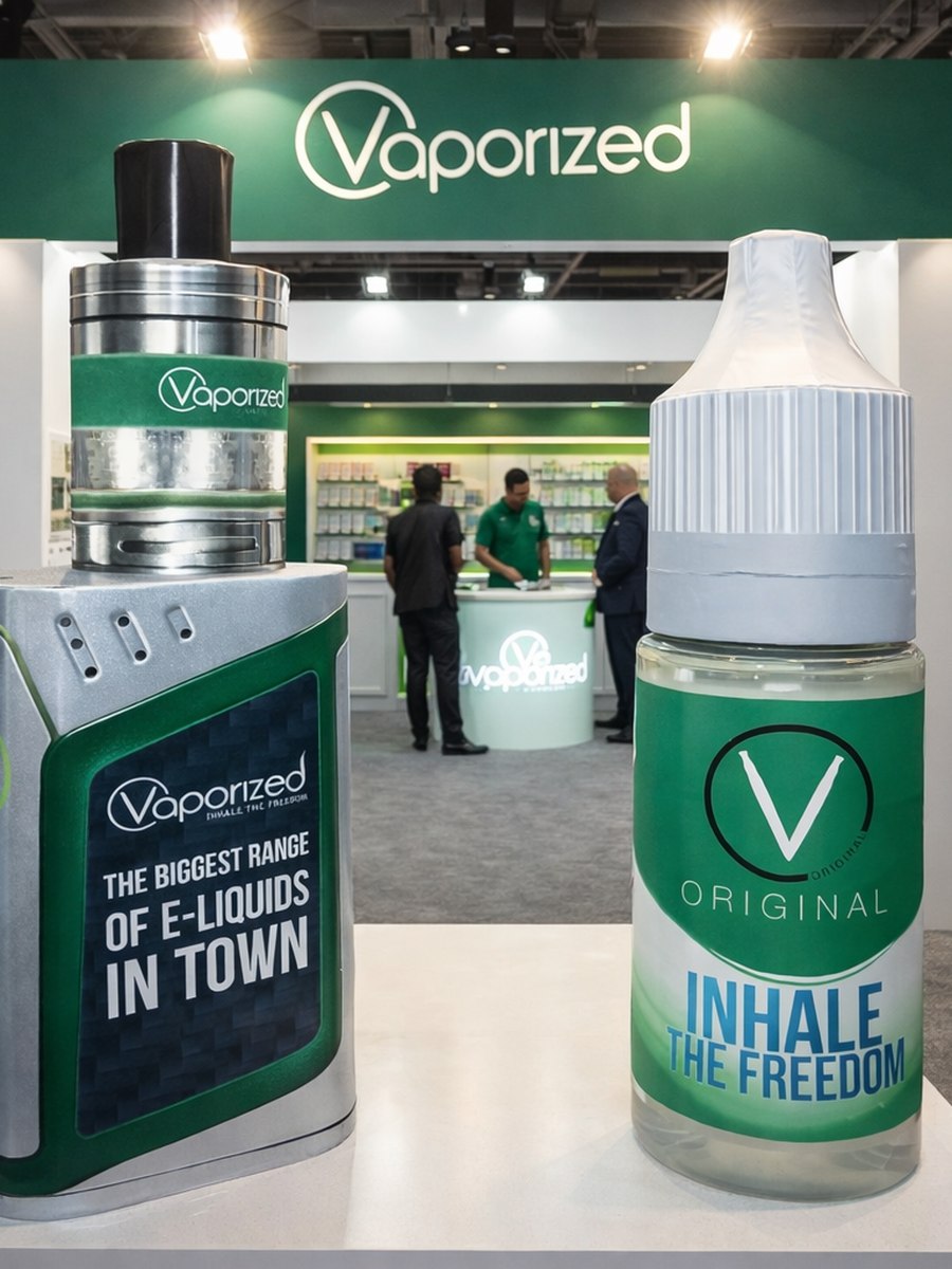Giant Vaporized e-liquid bottle and device replicas on an exhibition stand